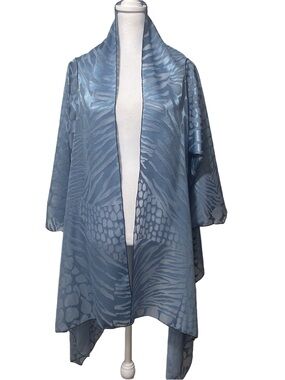 Caron Miller Blue Jacquard Chiffon Topper Wrap Scarf Sheer Burnout 3/4 Sleeve OS